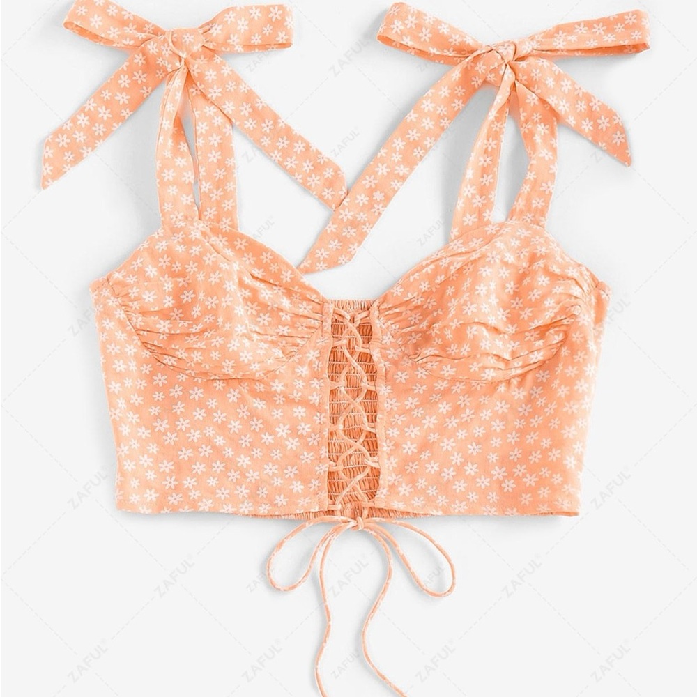 Orange Floral Crop Top with Bows